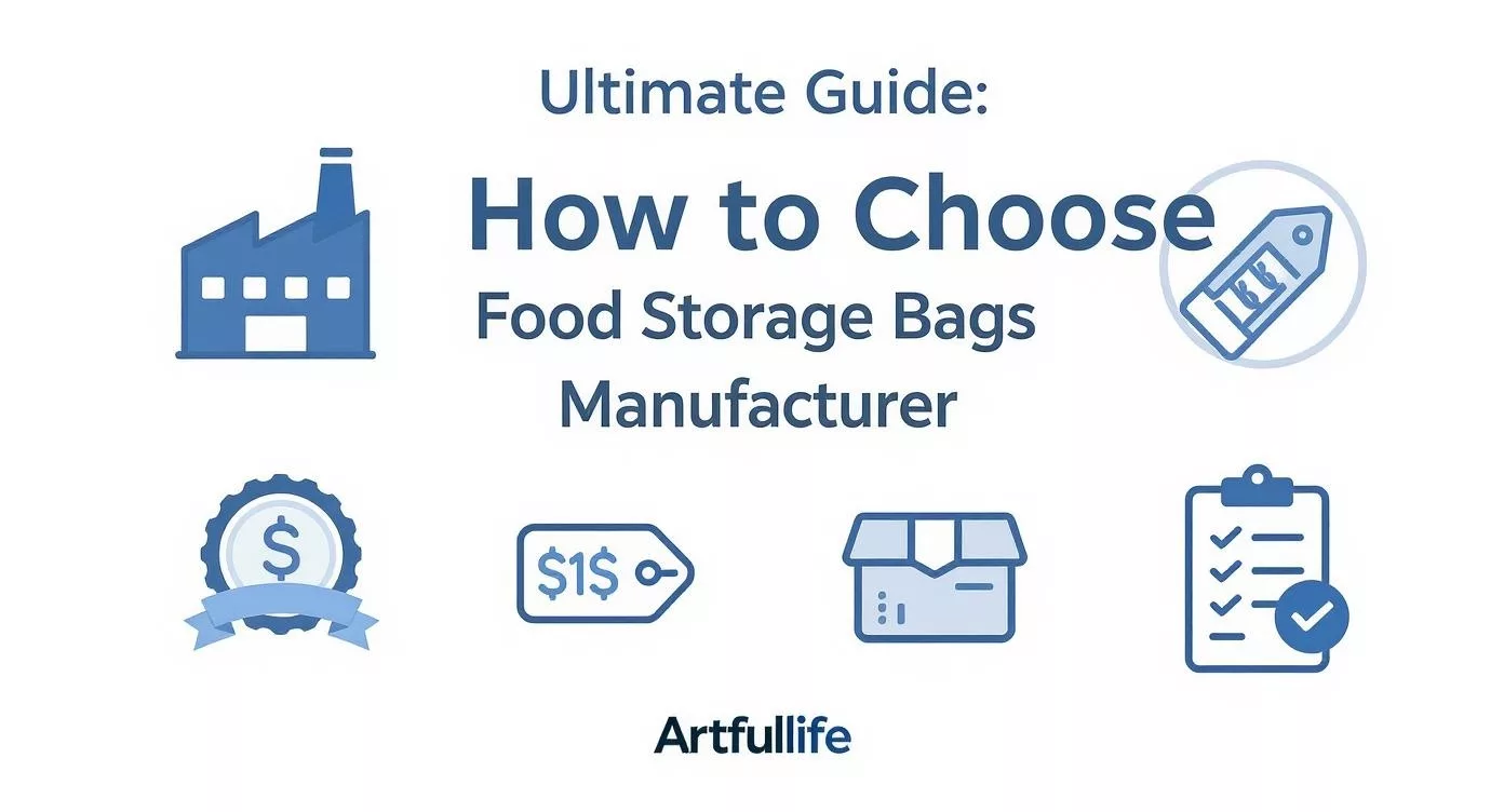 Guida definitiva in formato infografico per scegliere il miglior produttore di sacchetti per conservazione alimentare con criteri chiave di selezione e branding Artfullife